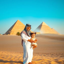 A beautiful scene featuring a parent and their young child standing in front of the majestic Pyramids of Giza, the ancient structures towering in the background under a bright blue sky
