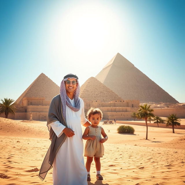 A beautiful scene featuring a parent and their young child standing in front of the majestic Pyramids of Giza, the ancient structures towering in the background under a bright blue sky