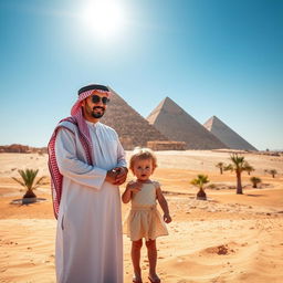 A beautiful scene featuring a parent and their young child standing in front of the majestic Pyramids of Giza, the ancient structures towering in the background under a bright blue sky