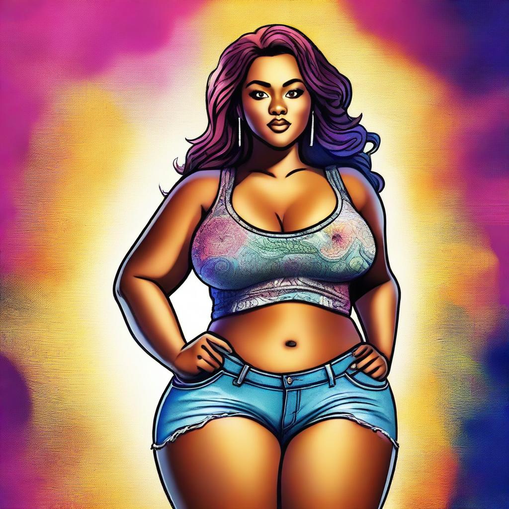 A high-quality digital art image featuring a confident, thick girl