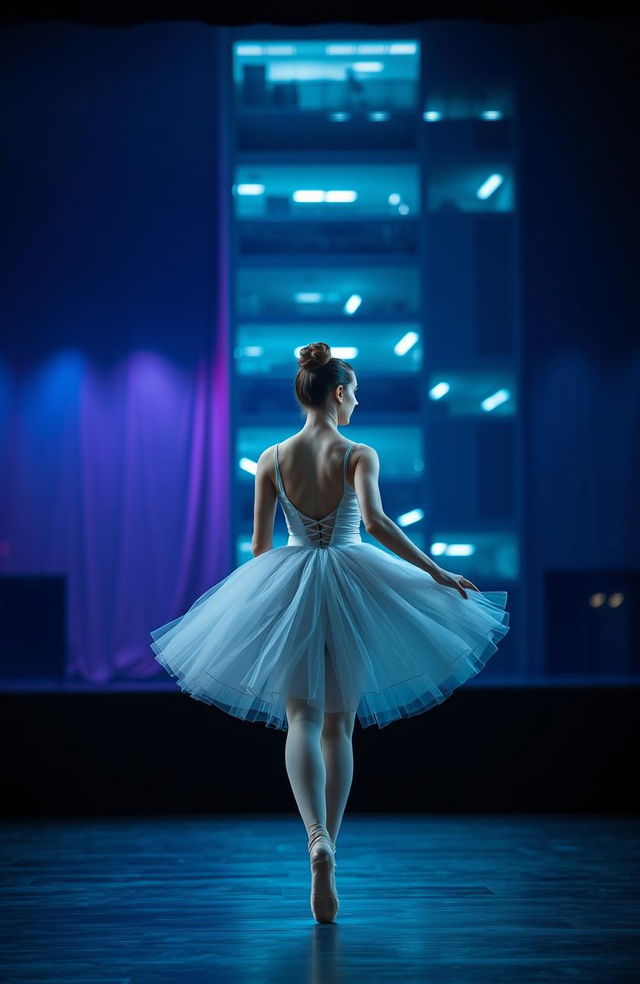 A young woman dressed in a beautiful, flowing ballet costume, walking away from a vibrant ballet stage towards a dimly lit, corporate office building in the background