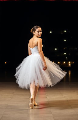 A young woman dressed in a beautiful, flowing ballet costume, walking away from a vibrant ballet stage towards a dimly lit, corporate office building in the background