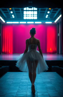 A young woman dressed in a beautiful, flowing ballet costume, walking away from a vibrant ballet stage towards a dimly lit, corporate office building in the background