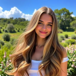 A beautiful person with long flowing hair, standing in a serene outdoor setting