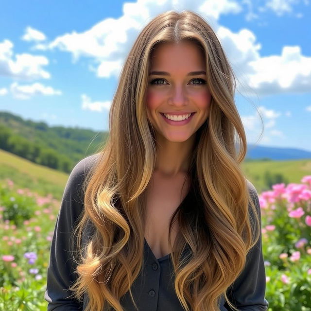 A beautiful person with long flowing hair, standing in a serene outdoor setting