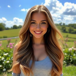 A beautiful person with long flowing hair, standing in a serene outdoor setting