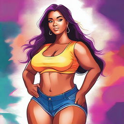 A high-quality digital art image featuring a confident, thick girl