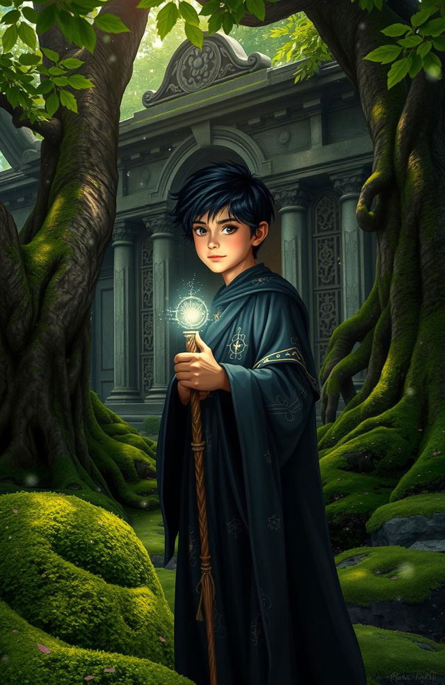 A young dark-haired wizard standing in a mystical forest, surrounded by lush green moss and ancient trees