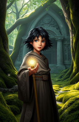 A young dark-haired wizard standing in a mystical forest, surrounded by lush green moss and ancient trees