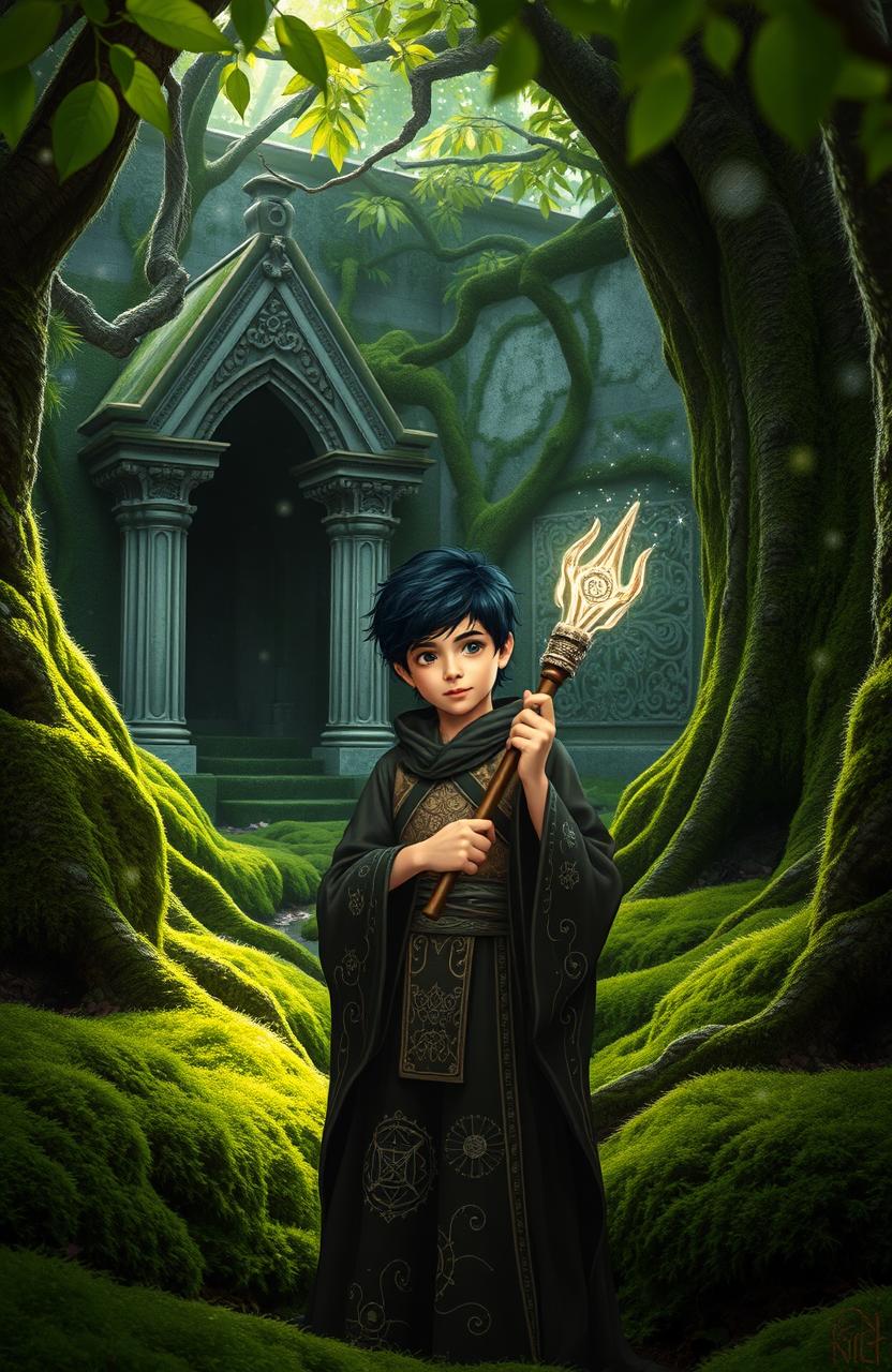 A young dark-haired wizard standing in a mystical forest, surrounded by lush green moss and ancient trees