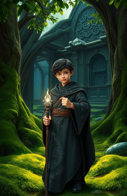 A young dark-haired wizard standing in a mystical forest, surrounded by lush green moss and ancient trees