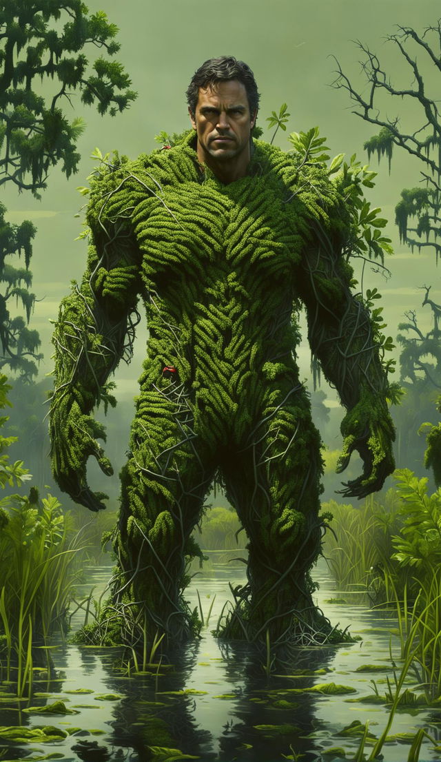 A high-quality digital artwork featuring Mark Ruffalo standing waist-deep in a swamp, wearing a mech suit made entirely of wet swamp vines, set against a backdrop of dense foliage and tall, moss-draped trees