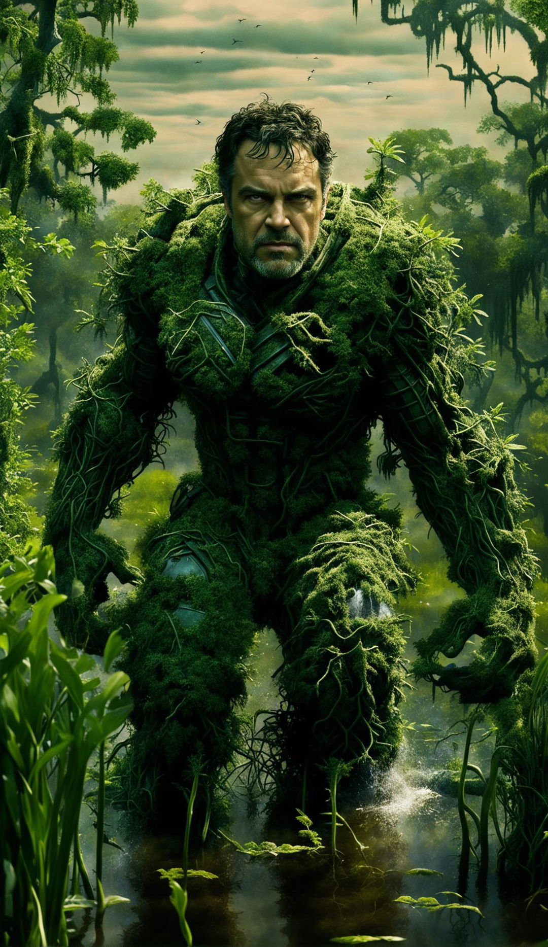 A high-quality digital artwork featuring Mark Ruffalo swinging through a swamp, wearing a mech suit made entirely of wet swamp vines, set against a backdrop of dense foliage and tall, moss-draped trees