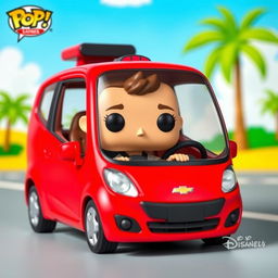 A collectible Funko Pop figure of a character with a cute and stylized design, sitting inside a bright red Chevrolet Beat