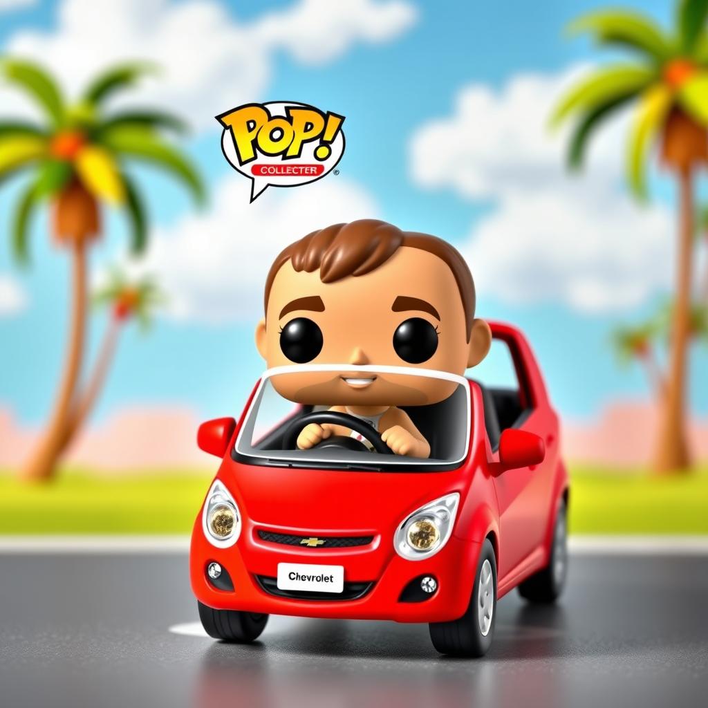 A collectible Funko Pop figure of a character with a cute and stylized design, sitting inside a bright red Chevrolet Beat