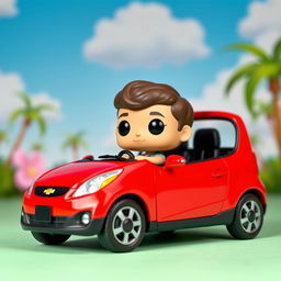 A collectible Funko Pop figure of a character with a cute and stylized design, sitting inside a bright red Chevrolet Beat