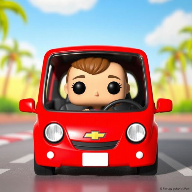 A collectible Funko Pop figure of a character with a cute and stylized design, sitting inside a bright red Chevrolet Beat