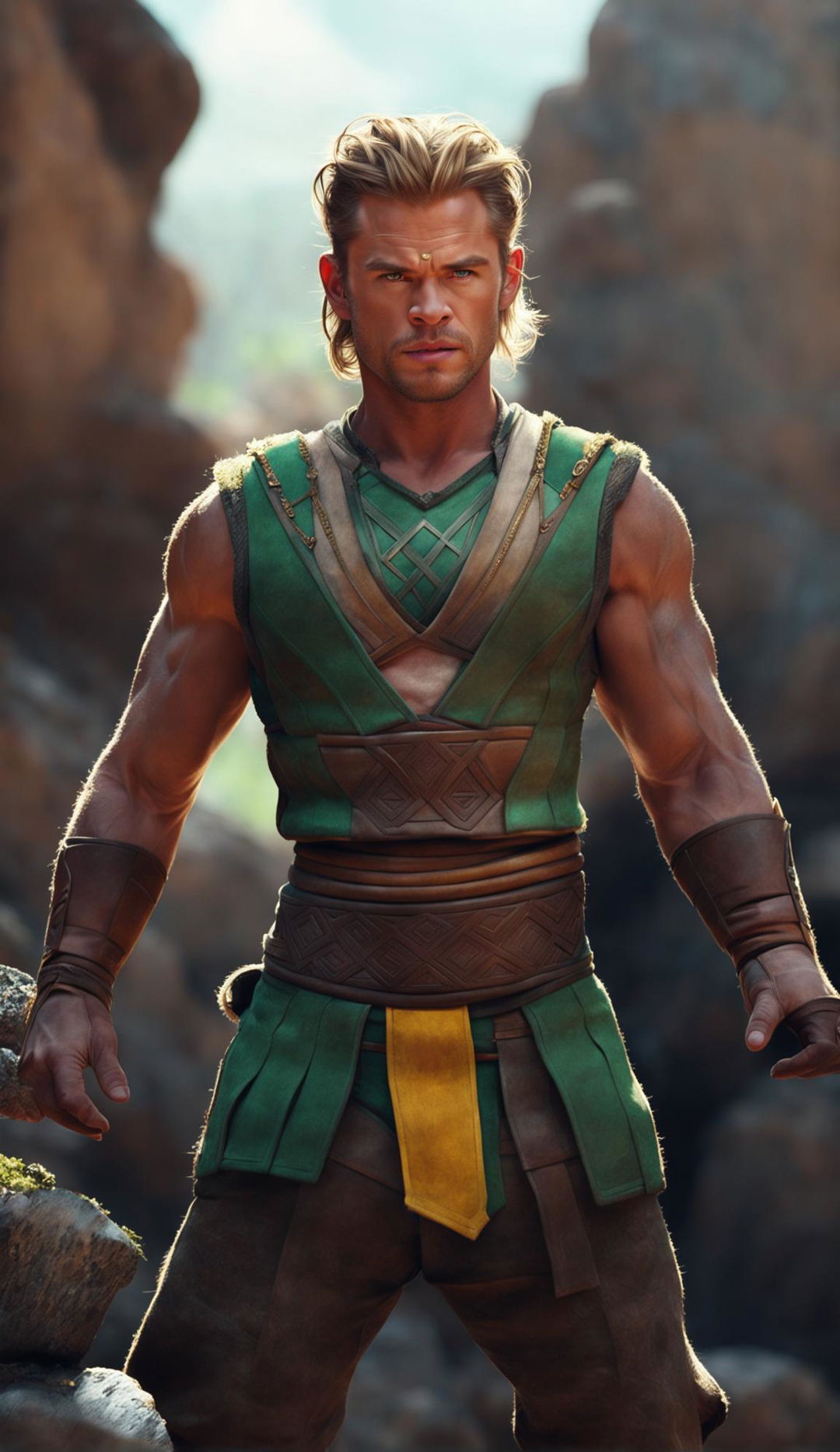 A high-resolution digital artwork featuring Chris Hemsworth dressed as Toph from Avatar: The Last Airbender, standing in a rocky terrain, a perfect blend of realism and fantasy