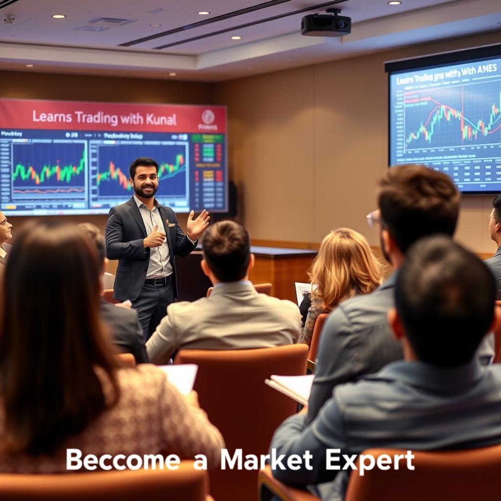 A professional seminar setting showcasing a well-dressed man named Kunal, in his 30s, with 8 years of trading experience, confidently addressing an audience about trading strategies