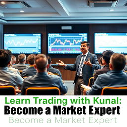 A professional seminar setting showcasing a well-dressed man named Kunal, in his 30s, with 8 years of trading experience, confidently addressing an audience about trading strategies