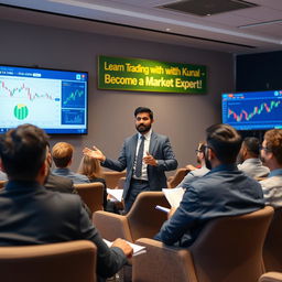 A professional seminar setting showcasing a well-dressed man named Kunal, in his 30s, with 8 years of trading experience, confidently addressing an audience about trading strategies