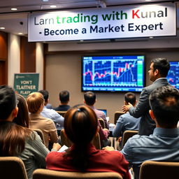 A professional seminar setting showcasing a well-dressed man named Kunal, in his 30s, with 8 years of trading experience, confidently addressing an audience about trading strategies
