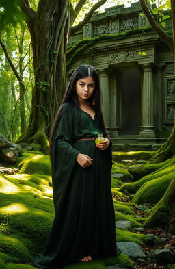 A young dark-haired witch standing in an enchanting forest, surrounded by vibrant green moss and illuminated by dappled sunlight filtering through the trees