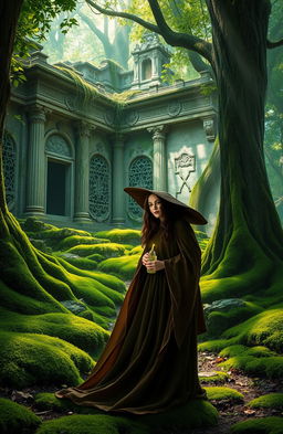 A young dark-haired witch standing in an enchanting forest, surrounded by vibrant green moss and illuminated by dappled sunlight filtering through the trees