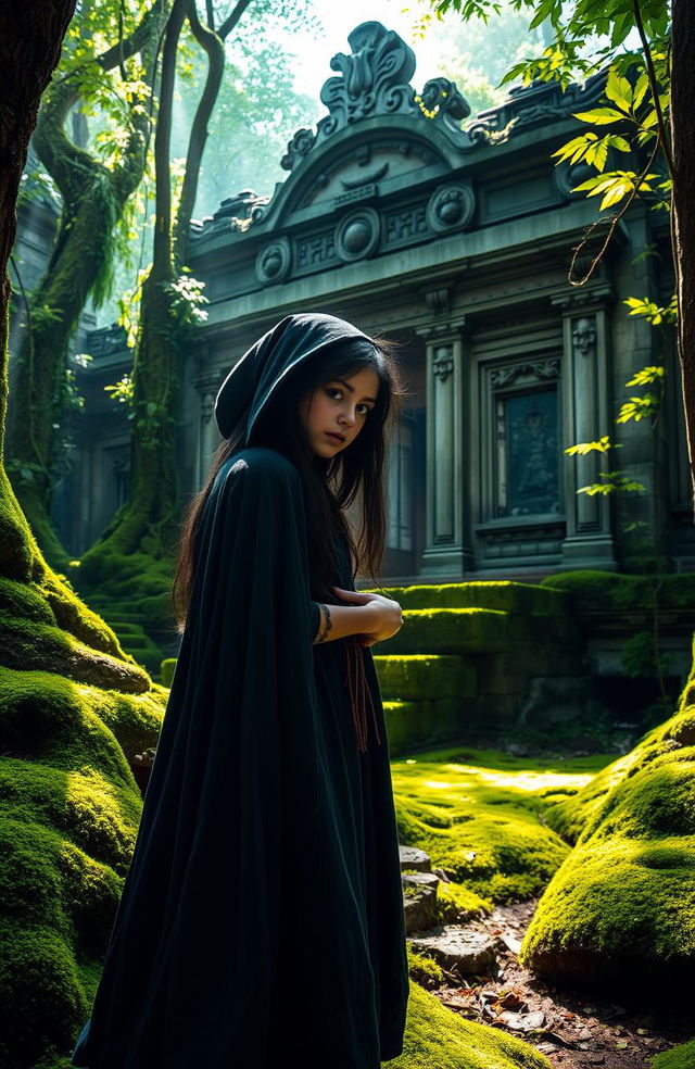 A young dark-haired witch standing in an enchanting forest, surrounded by vibrant green moss and illuminated by dappled sunlight filtering through the trees