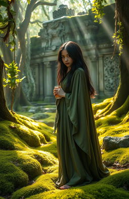 A young dark-haired witch standing in an enchanting forest, surrounded by vibrant green moss and illuminated by dappled sunlight filtering through the trees