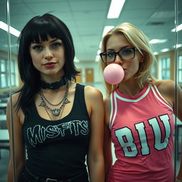 Two gorgeous women viewed from behind a reinforced plexiglass window in an empty cafeteria
