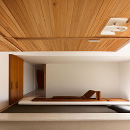 A long living room reflecting the mid-century modern architecture style, incorporating an elegantly designed inbuilt seater. The room showcases the minimalistic sophistication and organic integration typical of the style.