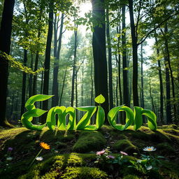 The word 'Emzion' elegantly crafted from vibrant green leaves placed in a serene forest setting