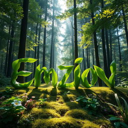 The word 'Emzion' elegantly crafted from vibrant green leaves placed in a serene forest setting