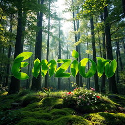 The word 'Emzion' elegantly crafted from vibrant green leaves placed in a serene forest setting