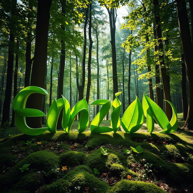 The word 'Emzion' elegantly crafted from vibrant green leaves placed in a serene forest setting