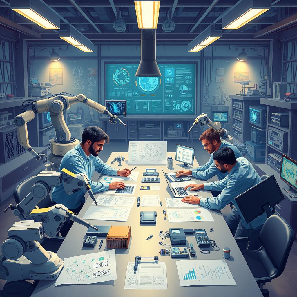 An informative and visually captivating illustration depicting the integration of artificial intelligence in engineering activities