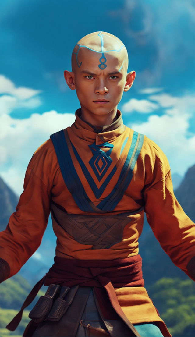 A high-quality digital artwork featuring Tom Holland dressed as Aang from Avatar: The Last Airbender, standing in a serene landscape, a perfect blend of realism and fantasy