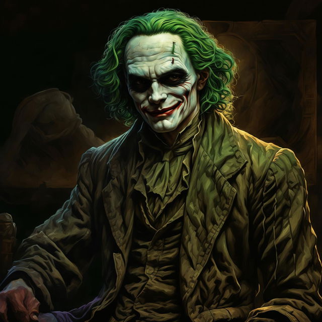 This is a high-quality digital art image, portraying the Joker from DC Comics in the style of Leonardo Da Vinci's 'Mona Lisa'