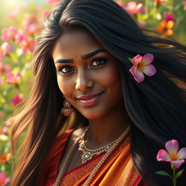 A beautifully detailed portrait of an Indian individual with long, flowing hair