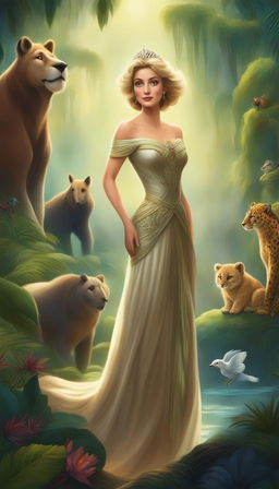 A Disney-style digital art piece showing the Princess of Wales in a royal gown, venturing through the vibrant and mysterious Amazon jungle, with various animals watching her with interest