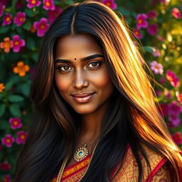 A beautifully detailed portrait of an Indian individual with long, flowing hair
