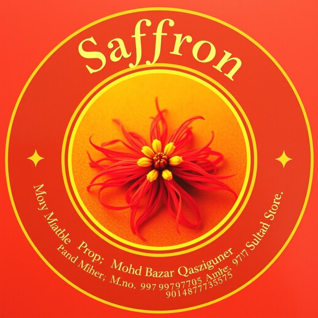 A beautifully designed round image featuring a vibrant saffron flower at the center, surrounded by elegant text