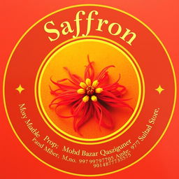 A beautifully designed round image featuring a vibrant saffron flower at the center, surrounded by elegant text