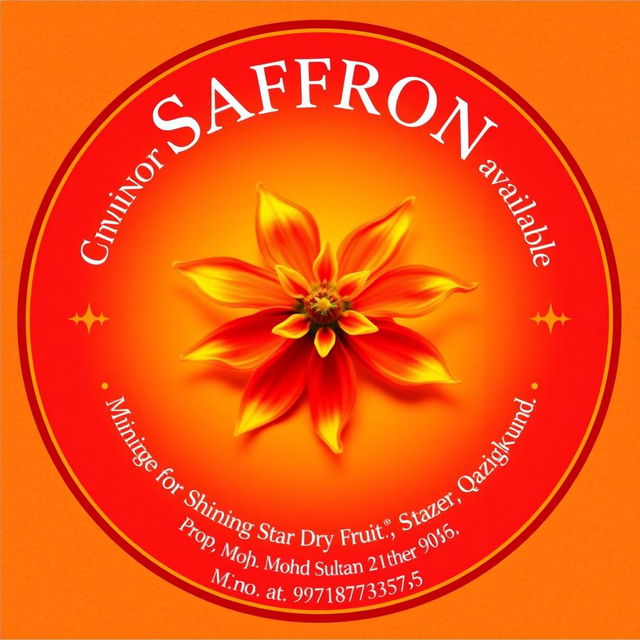 A beautifully designed round image featuring a vibrant saffron flower at the center, surrounded by elegant text