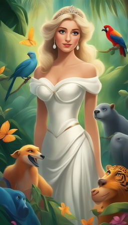 A Disney-style digital art piece showing the Princess of Wales in a royal gown, venturing through the vibrant and mysterious Amazon jungle, with various animals watching her with interest