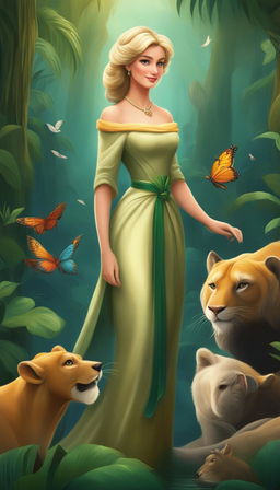 A Disney-style digital art piece showing the Princess of Wales in a royal gown, venturing through the vibrant and mysterious Amazon jungle, with various animals watching her with interest