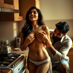 An intimate scene featuring a seductive Indian woman who is completely naked, softly moaning with her mouth slightly open