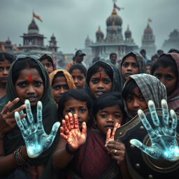A poignant scene depicting a group of vulnerable Bangladeshi Hindus, including women and children, gathered together in a tense and hostile environment, seeking protection from extremist threats