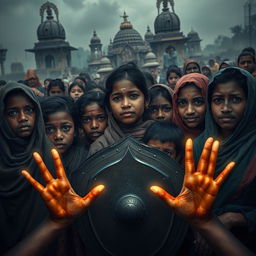 A poignant scene depicting a group of vulnerable Bangladeshi Hindus, including women and children, gathered together in a tense and hostile environment, seeking protection from extremist threats